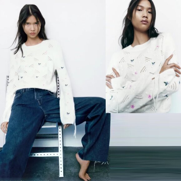 New Zara Knit Floral Embroidered White Wool Blend Sweater Size M - Picture 1 of 10